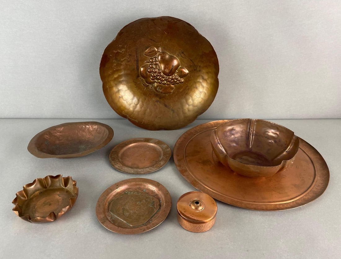 Group of 8 MCM Copper Dishes: Includes hanging fruit now, alphabet plate, presidential bowl, and more. Largest platter measures 14 1/4 inches