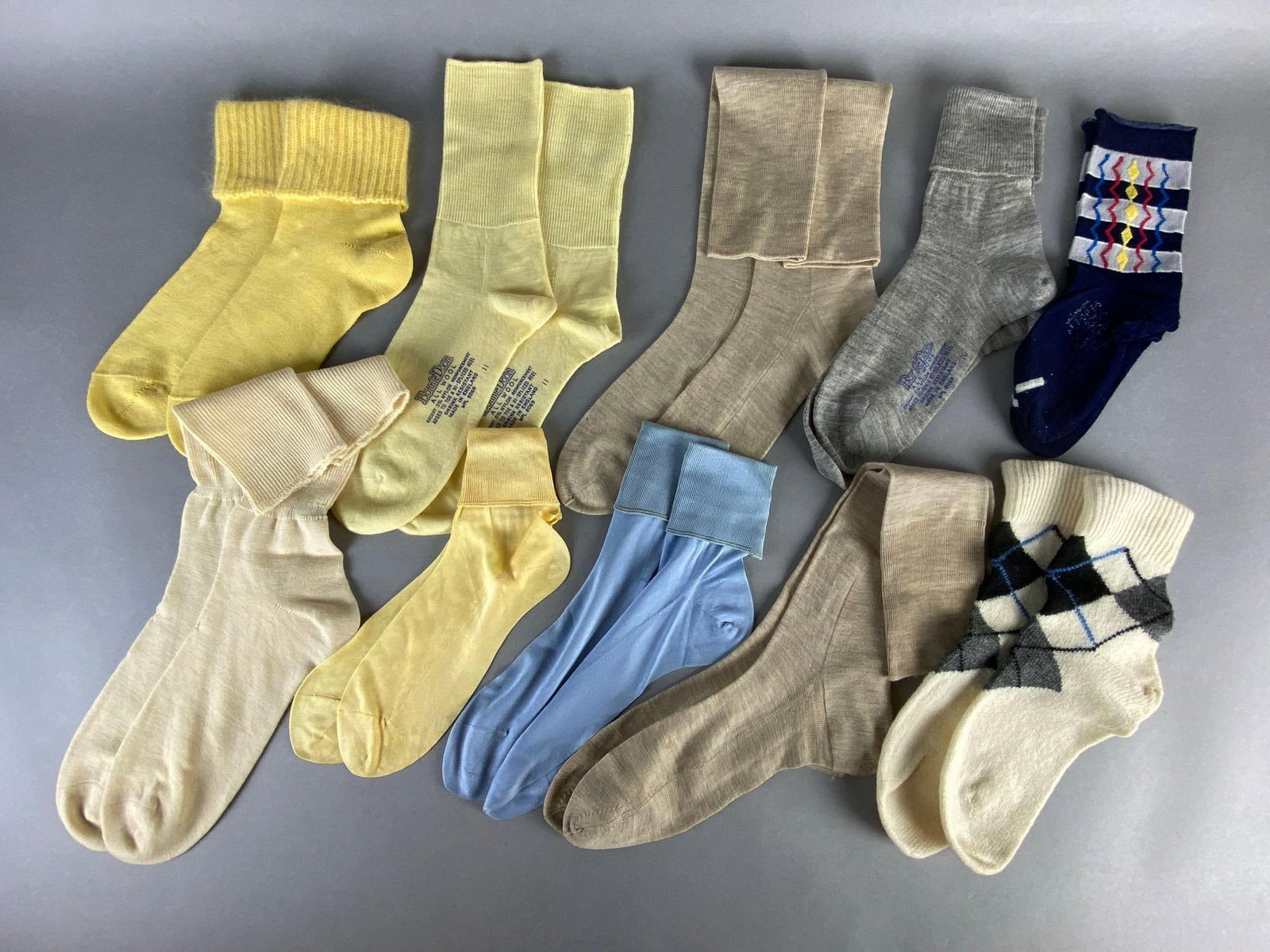 Group of 10 Vintage Pairs of Socks: Includes Wool, silk, cotton, and more, Largest foot measures 10 inches long.