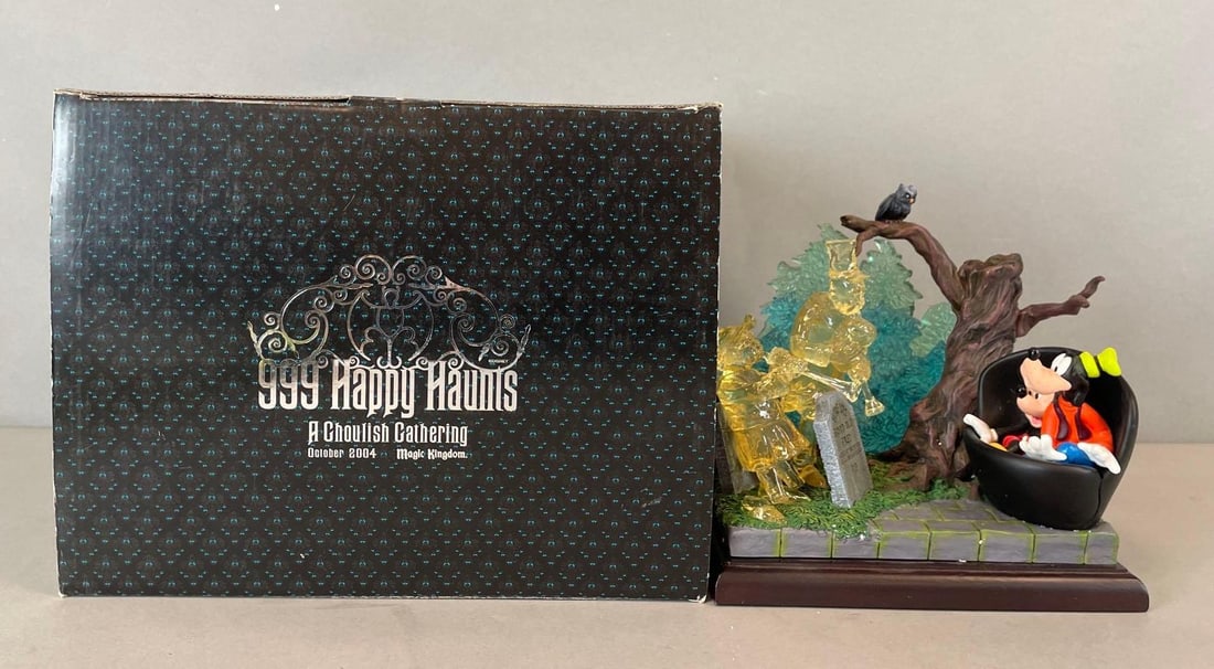 2004 Disney Haunted Mansion A Ghoulish Gathering Figurine Scene: One ghost broken at legs, lights untested, corroded battery compartment. Measures 8 1/2 x 9 x 7 inches