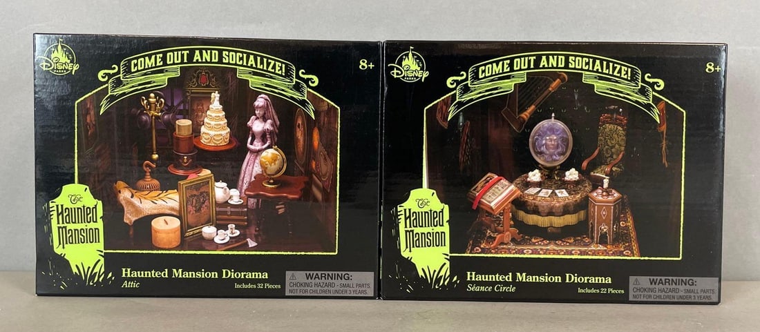 Group of 2 Disney Haunted Mansion Dioramas: Includes attic, and seance circle. Boxes measure 6 1/2 x 8 1/4 x 2 1/2 inches