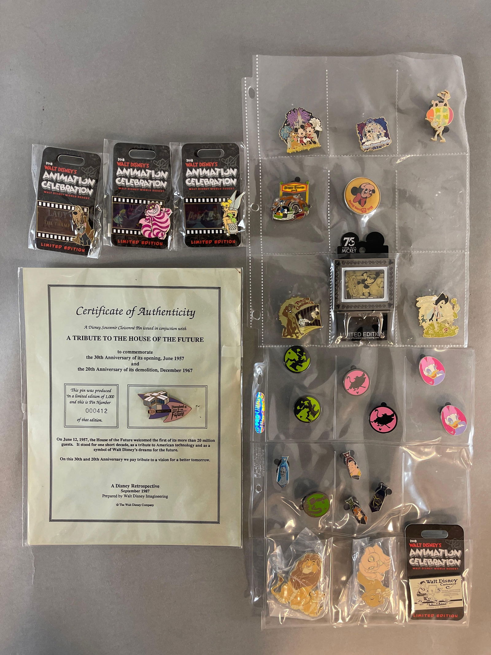 Group of 26 Disney Enamel Pins: Includes, House of the Future, with COA, Steam boat willie, Tinker Bell, Lion King, and More, Largest Measures 3 x 3 Inches