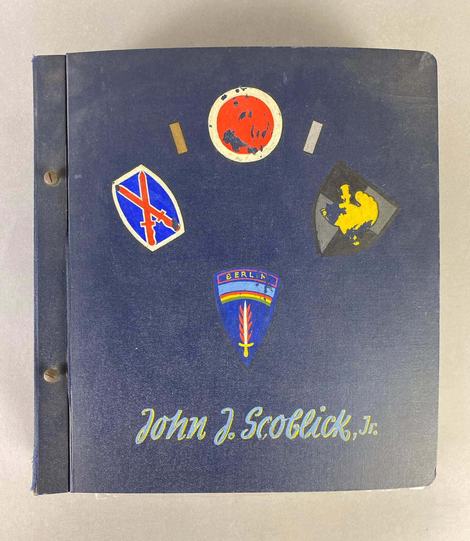 Collection of John J Scoblick Jr Serviceman Ephemera and More: Includes newspaper clippings, photographs, napkins, envelopes and more, book measures 13 1/2 x 12 1/2 x 2 1/2 inches