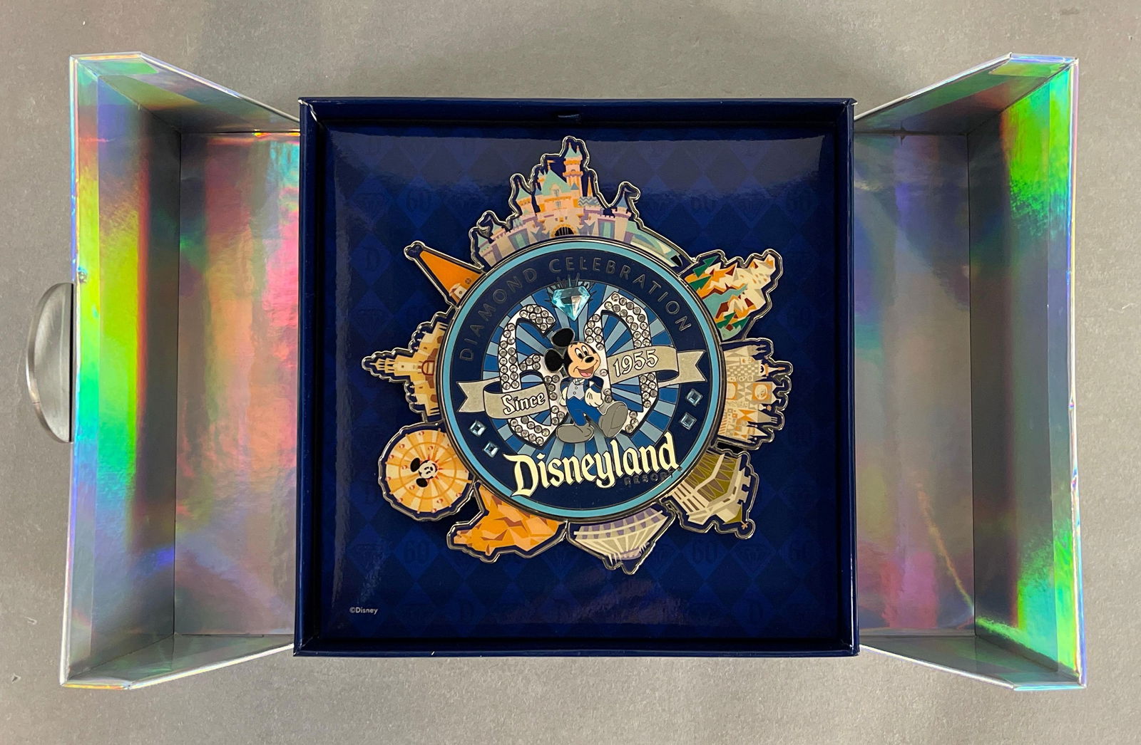Large Disney Resort Diamond Celebration Enamel Pin: Includes 2015, 60 Year Anniversary Disneyland Resort and Case, Limited Edition of 1000, Measures 6 x 6 Inches