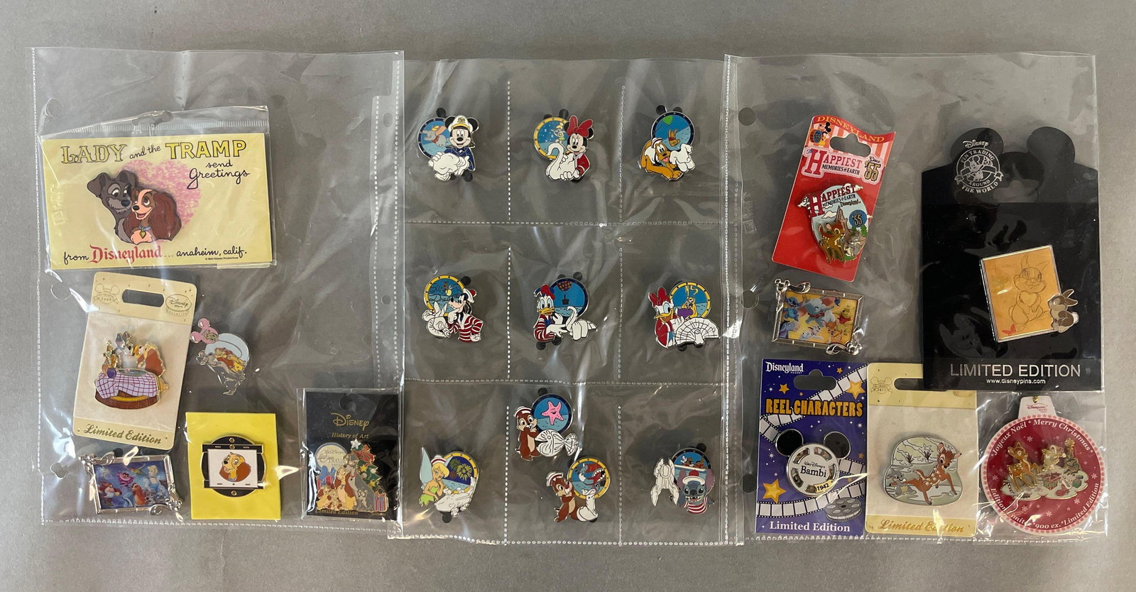 Group of 22 Disney Enamel Pins: Includes Lady and the Tramp, Disney Cruise Characters, Bambi, and More, Largest Measures 3 x 3