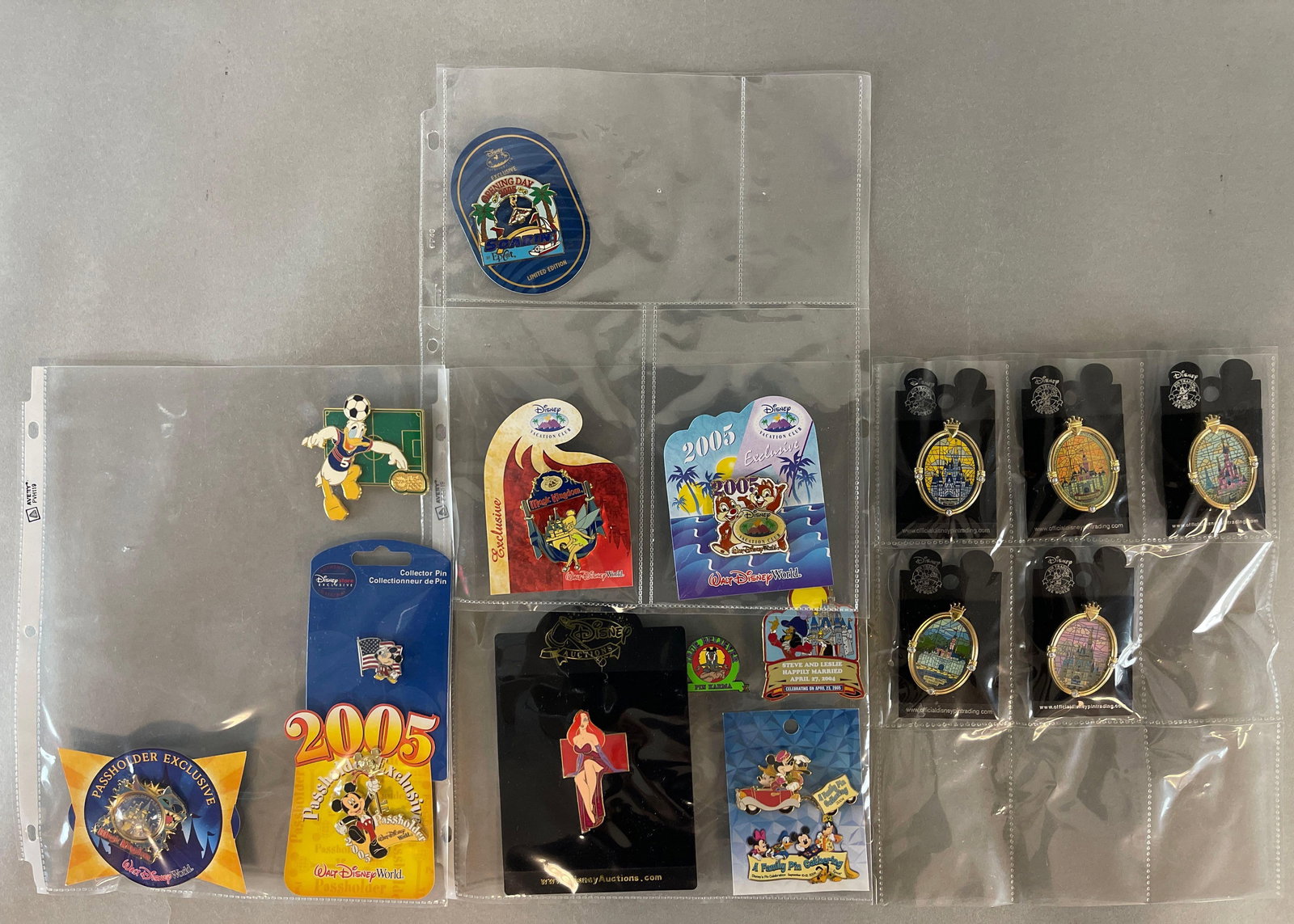 Group of 16 Disney Enamel Pins: Includes Disney auction Jessica Rabbit, USA Soccer Donald, Passholder Mickey, Stain Glass Disney Castles, and More, Largest Measures 3 x 3