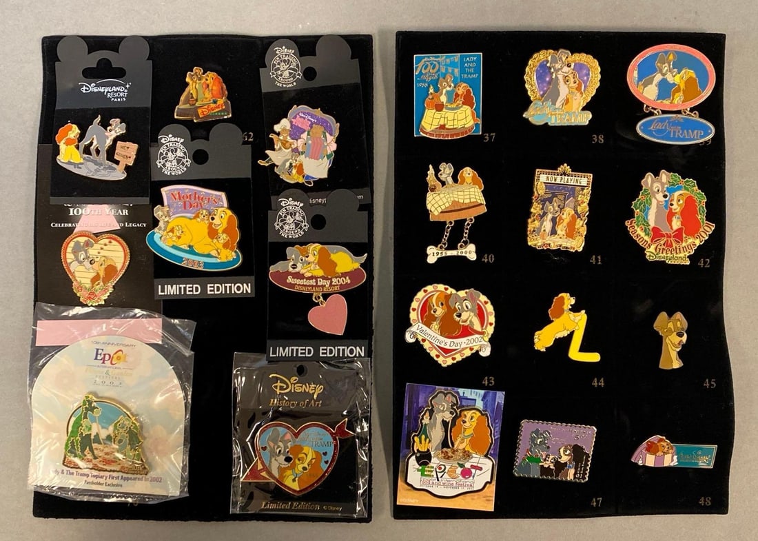Group of 20 Disney Lady and the Tramp Enamel Pins: Includes Lady, Tramp, Puppies, And more, Largest measures 2 x 2 1/2 inches.