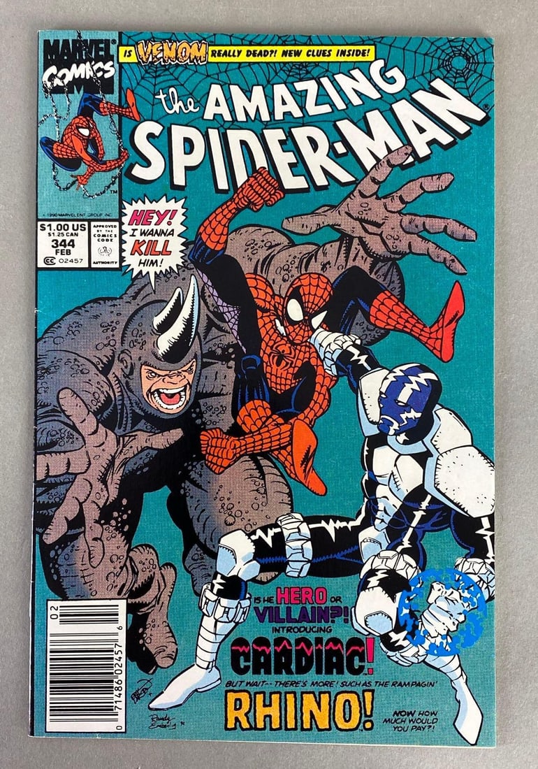 Marvel Comics The Amazing Spider-Man No. 344: 1st Appearance of Cardiac; Cletus Kasady; Wirtham Tower; Carter; and Stephanie Truxton, February 1991, Modern Age, $1.00, Bagged and boarded.
