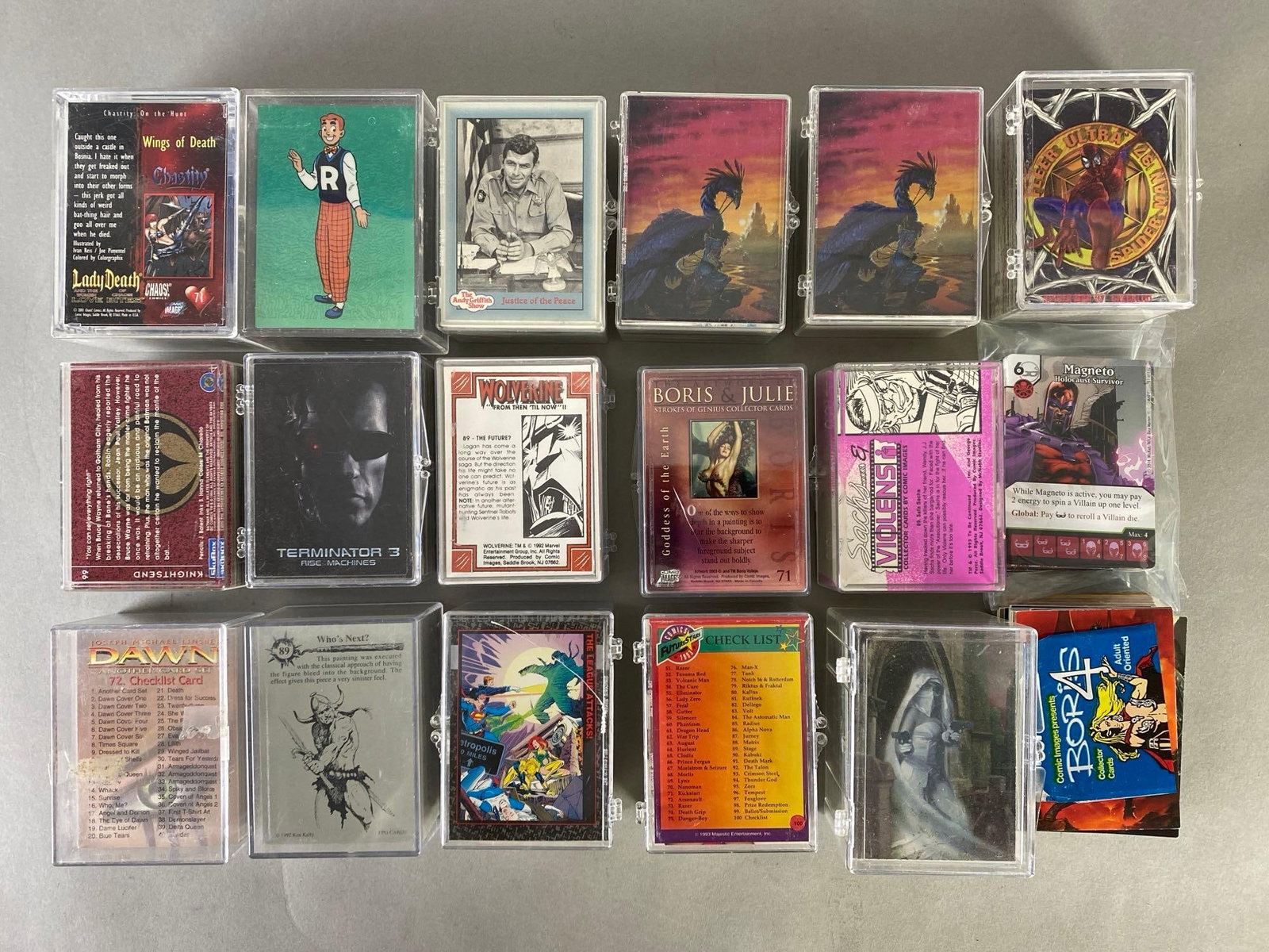 Group of Trading and Collectors Card Decks: Unknown set completions, Includes Marvel Wolverine, DC Batman, The Andy Griffith Show, The Terminator 2, and more.