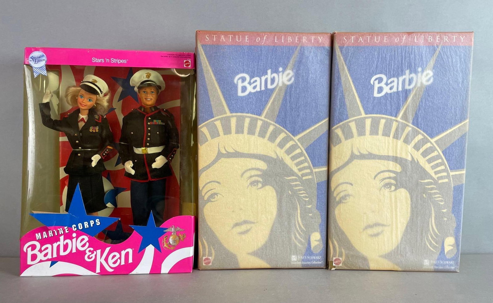 Group of Mattel Barbie Statue of Liberty Fashion Dolls and More: New in original packaging, includes stars n stripes marine corps Barbie and Ken