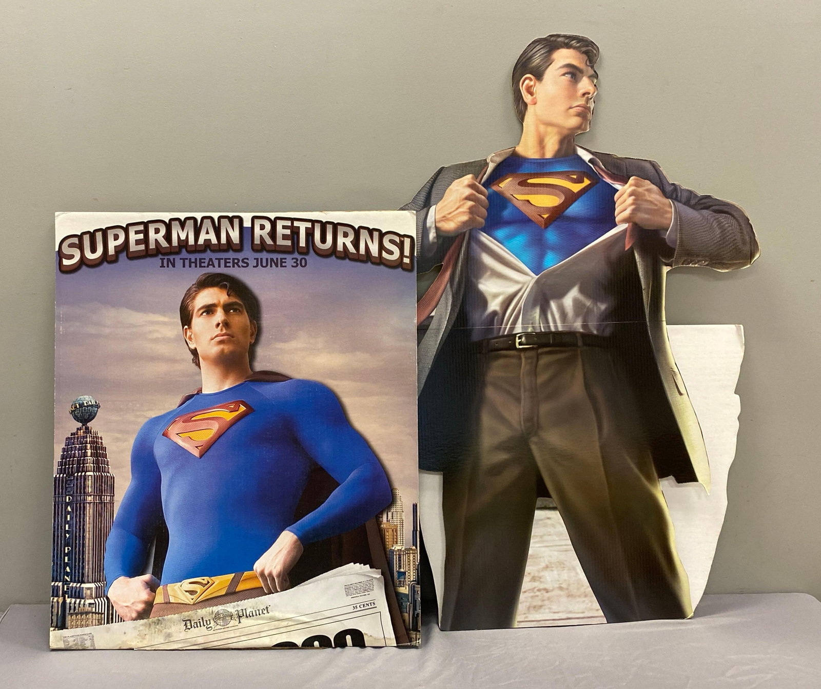 Group of 2 Superman Cardboard Standups: Largest measures 30 x 36 inches while folded