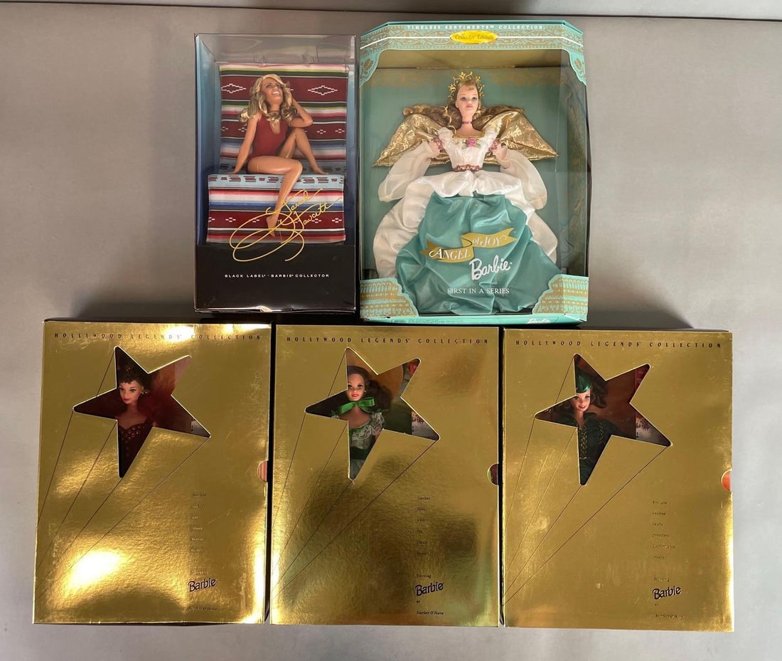 Group of Mattel Barbie Fashion Dolls: Original packaging, 11 1/2 inch dolls. Includes Scarlett O'Hara, angel of joy, black label Farrah fawcett