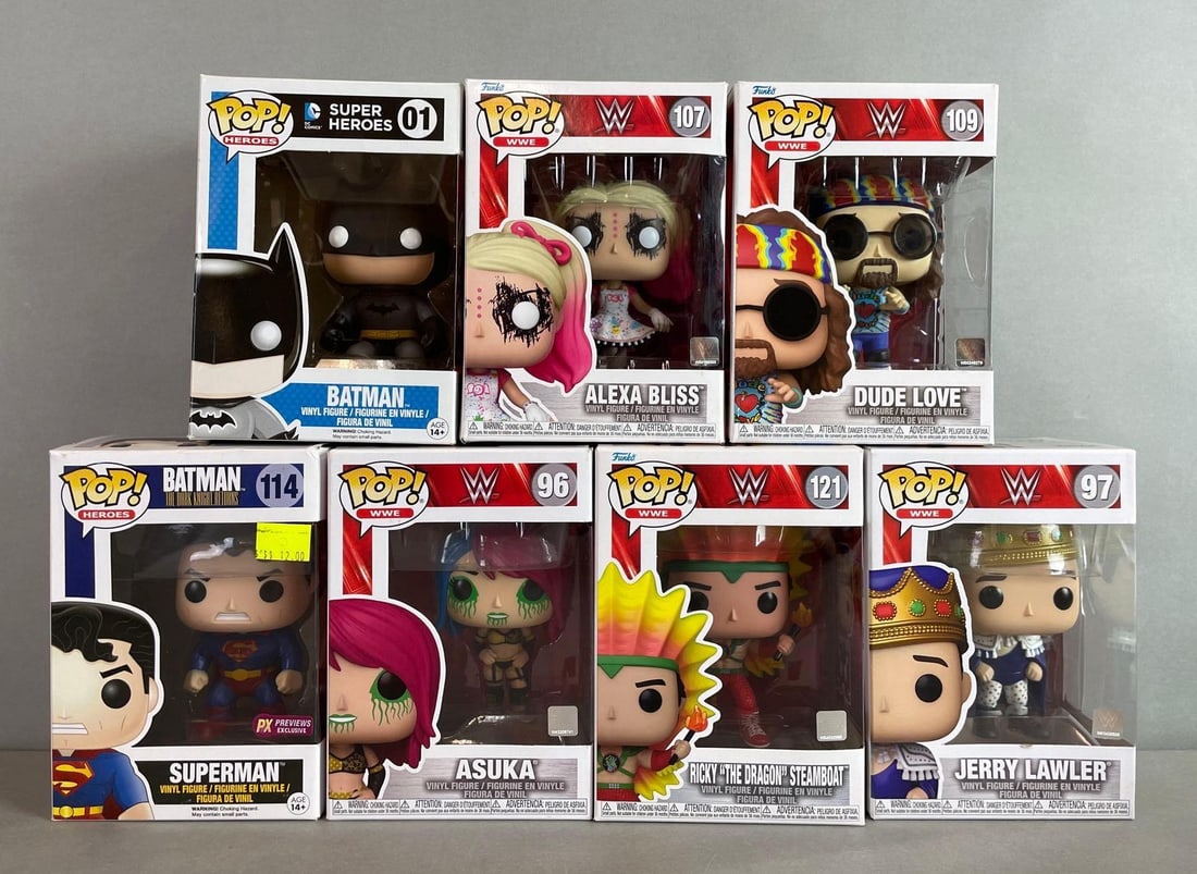 Group of Funko Pop Figures: Includes Batman, Superman, WWE wrestlers