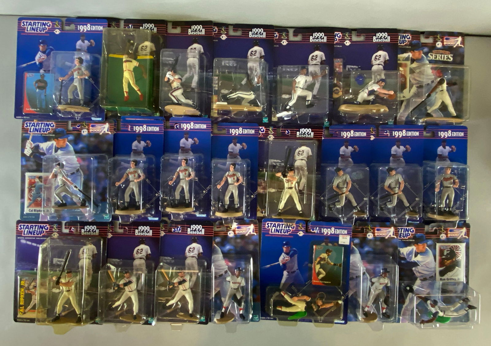 Group of Kenner and Hasbro Starting Lineup MLB Figures: 1998 - 2000s, Includes Ken Griffey Jr., Cal Ripken Jr., Sammy Sosa and more, like new in packaging, measures 9 x 8 x 2 1/2 inches