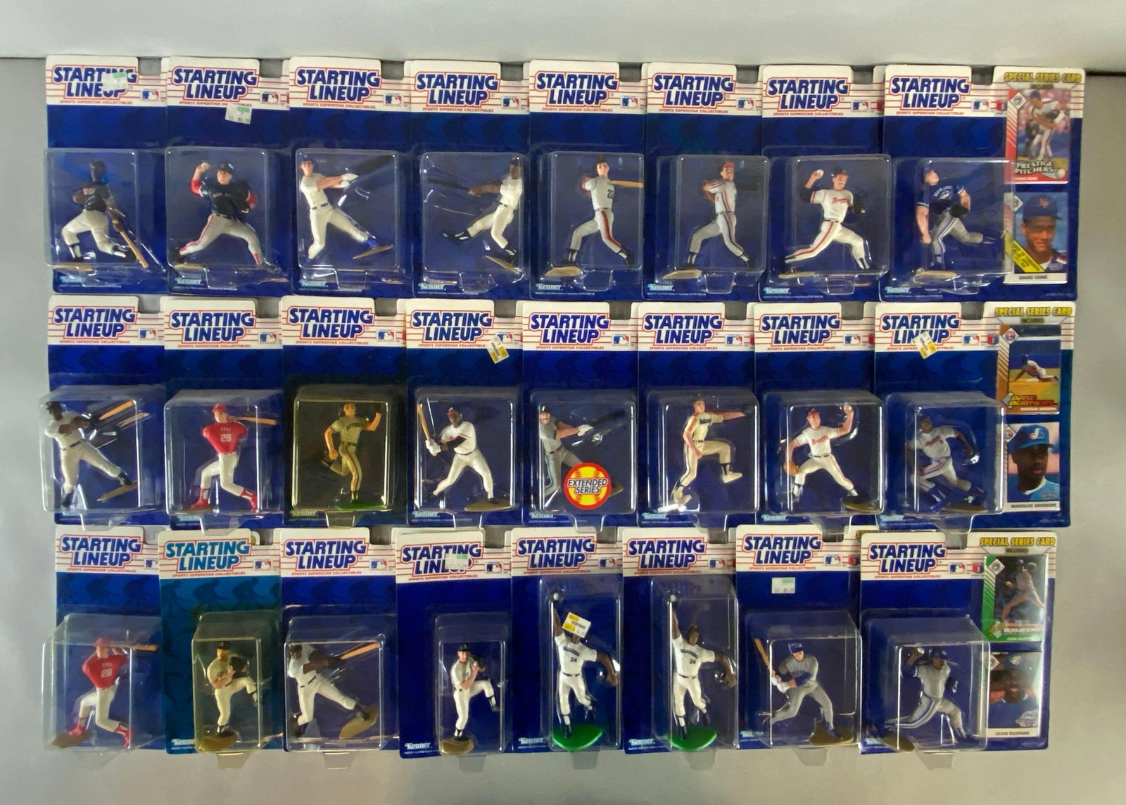 Group of Kenner 1993 Starting Lineup MLB Figures: Like new in original packaging, includes Juan Guzman, Marquis Grissom, David cone and more, each measures 9 x 8 x 2 inches