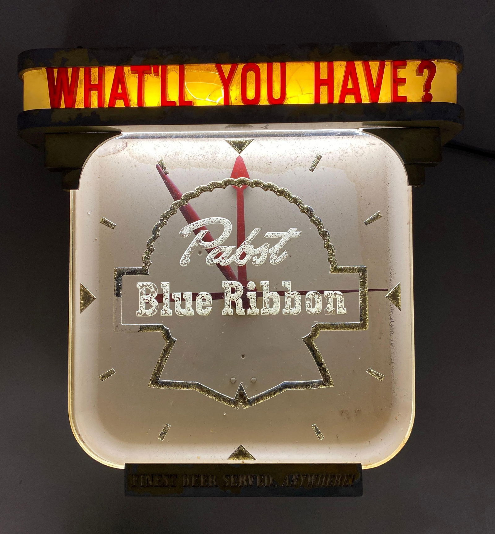 Vintage Pabst Blue Ribbon Reverse Painted Light Up Advertising Clock (1 of 4)