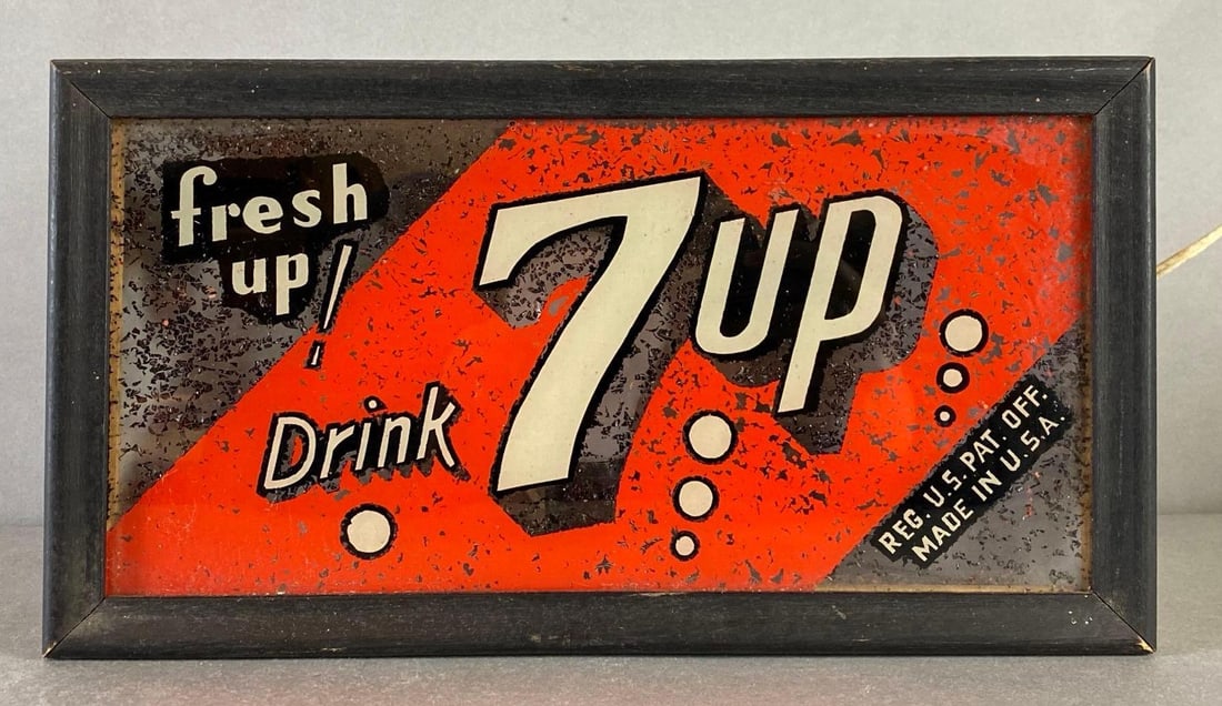 Antique 1920s/30s Fresh Up! 7-Up Reverse Painted Glass Advertising Light (1 of 3)