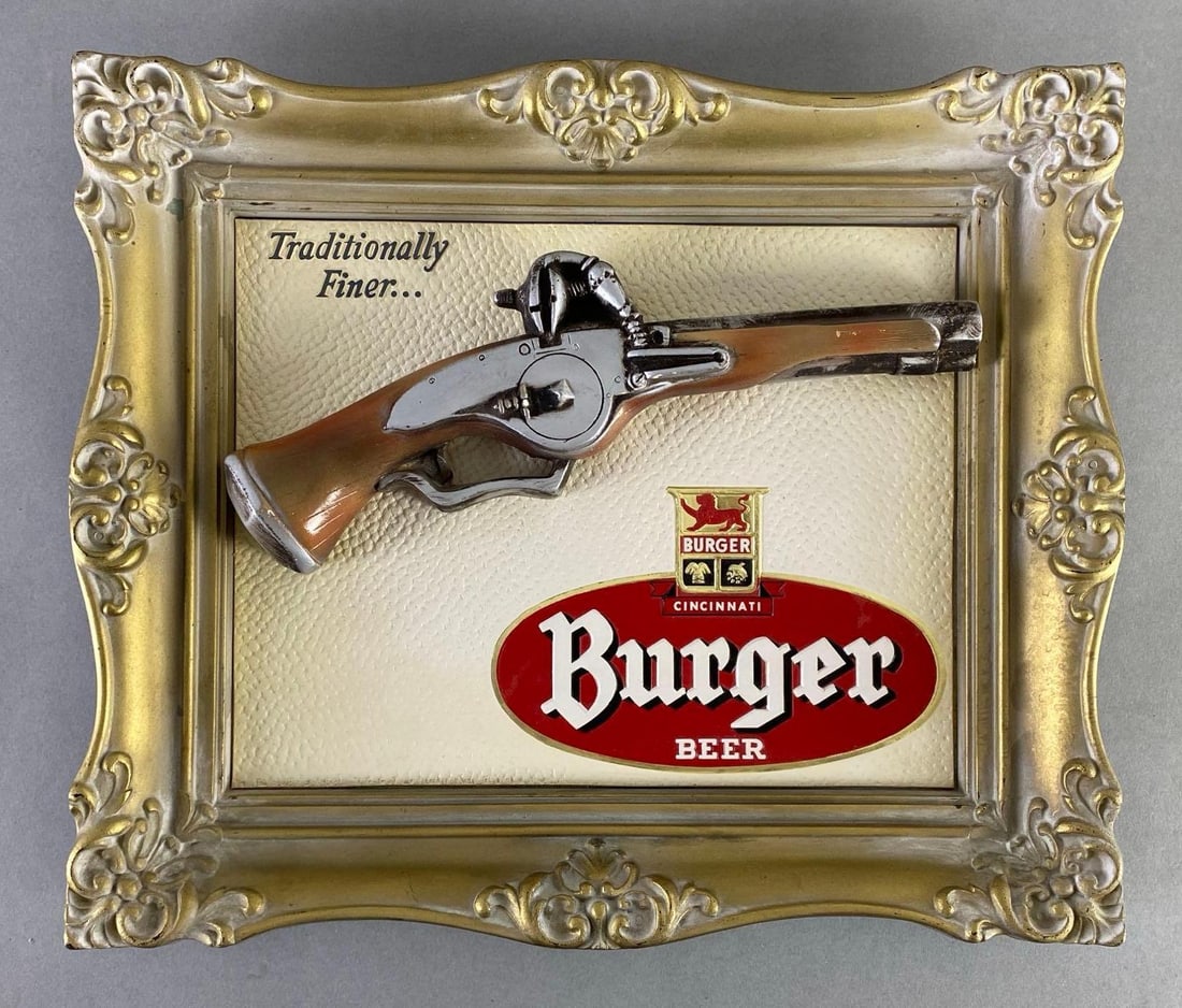 The Burger Brewing Co. The 17th Century Wheel Lock Advertising Beer Sign: 1957, Rare Antique Gun Series No. 5, Cincinnati Ohio, Measures 13 x 11 inches.
