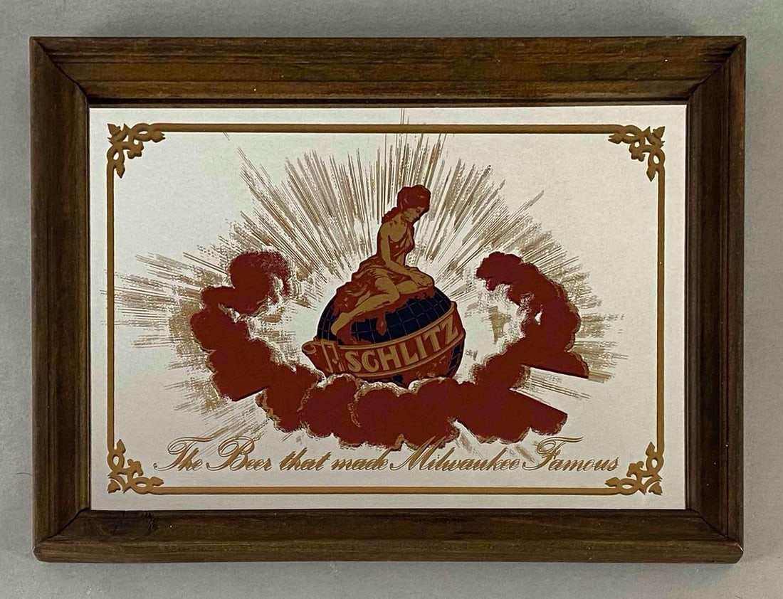 Schlitz Woman on the World Advertising Beer Mirror: Frame measures 10 3/4 x 13 1/2 inches.