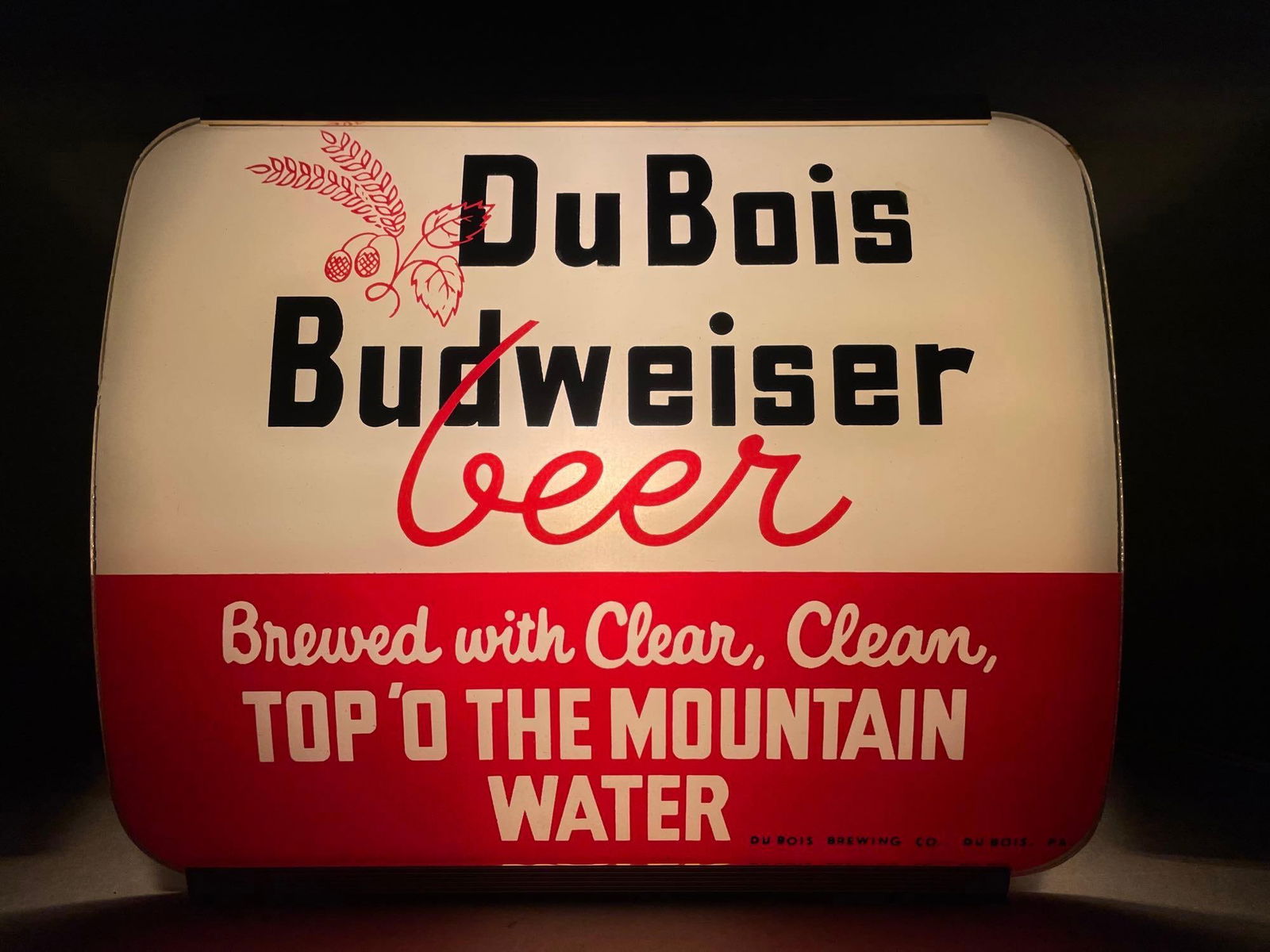 Vintage Dubois Budweiser Beer Curved Glass Light-Up Advertising Backbar Sign: Working condition, measures 9 x 11 x 3 3/4 inches