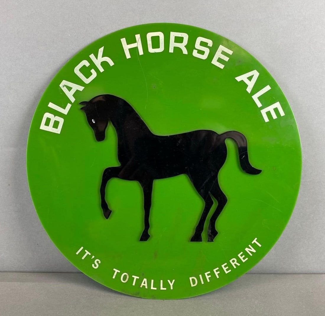 Black Horse Plastic Advertising Ale Sign: Large crack at the top of the sign, Measures 14 x 14 inches.