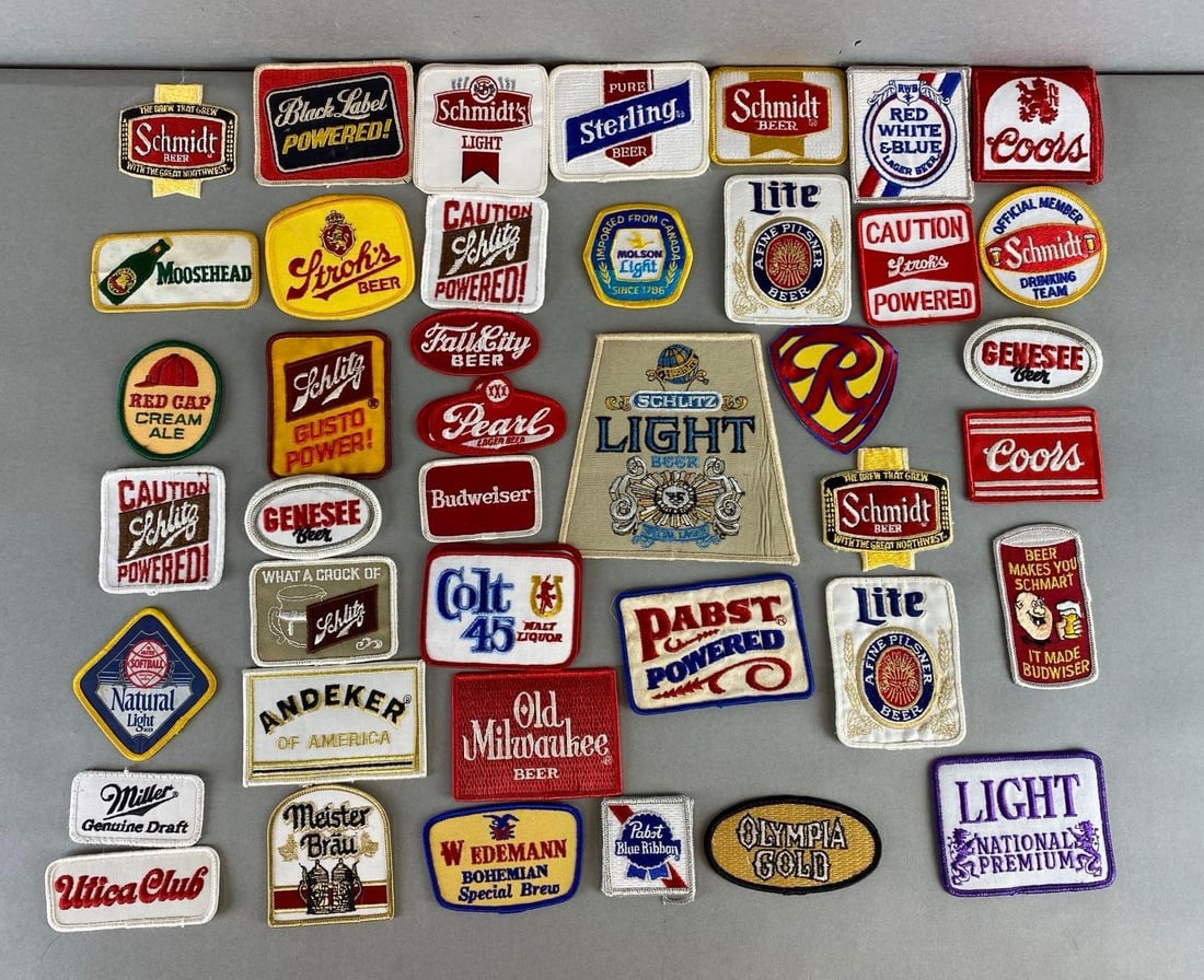 Group of Beer Advertising Patches: Includes Old Milwaukee, Pabst, Natural Light and more. Largest measures 5 1/2 x 5 3/4 inches.