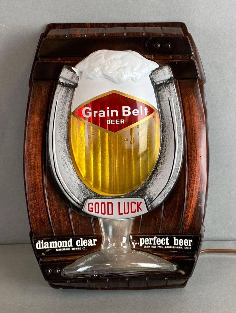 Grain Belt Light Up Advertising Beer Sign: Working. Measures 12 x 8 3/4 x 2 1/2 inches.