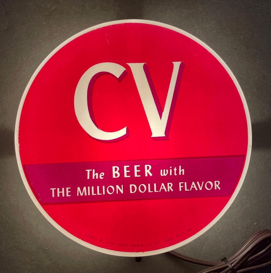 CV Beer Million Dollar Flavor Light-Up Advertising Sign: Working condition, measures 9 1/2 x 3 1/4 inches