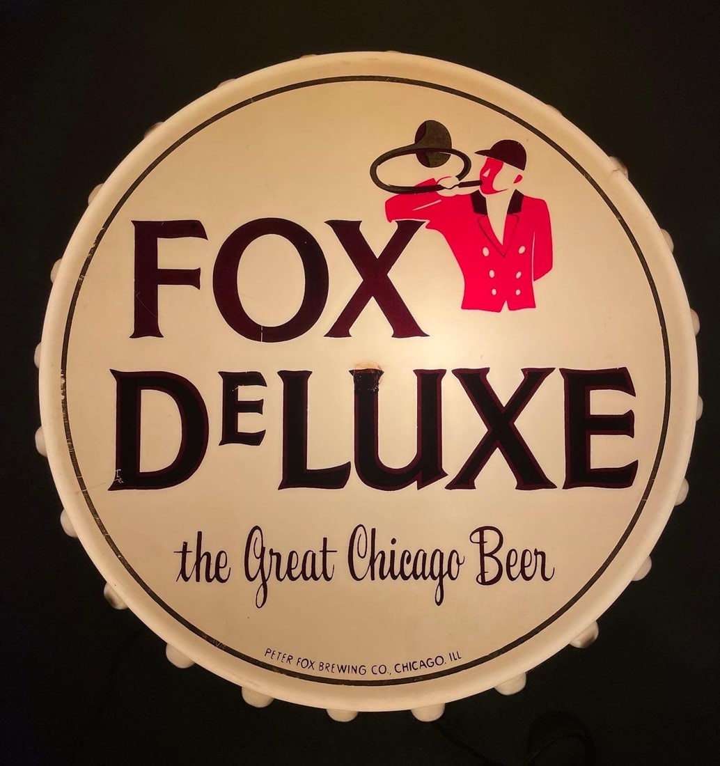 Vintage Fox Deluxe Beer Bottle Cap Light-Up Advertising Sign: Crack on top right side, spot in center. working condition, measures 15 3/4 x 4 1/2 inches