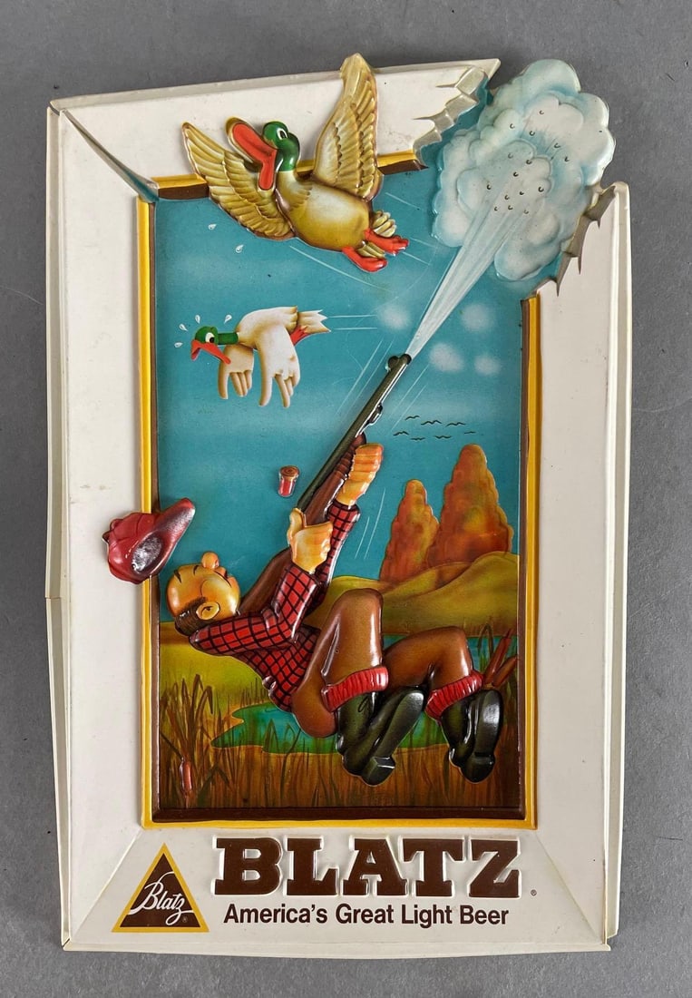 1975 Blatz Beer Hunter Vacuum Form Advertising Sign: Cracked corners, measures 13 3/4 x 8 3/4 inches