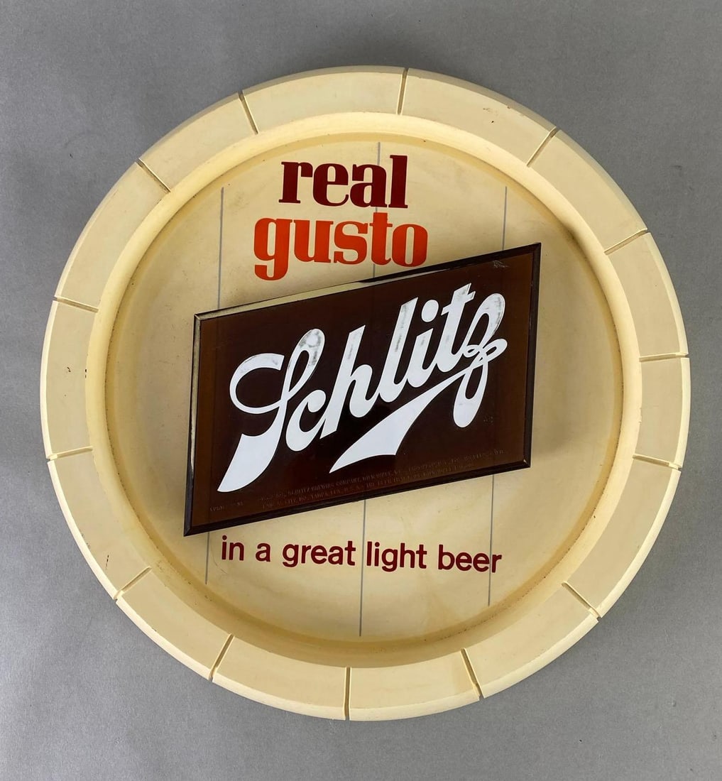Schultz Real Gusto Beer Barrel Plastic Advertising Sign: Measures 14 x 14 x 2 1/2 inches.