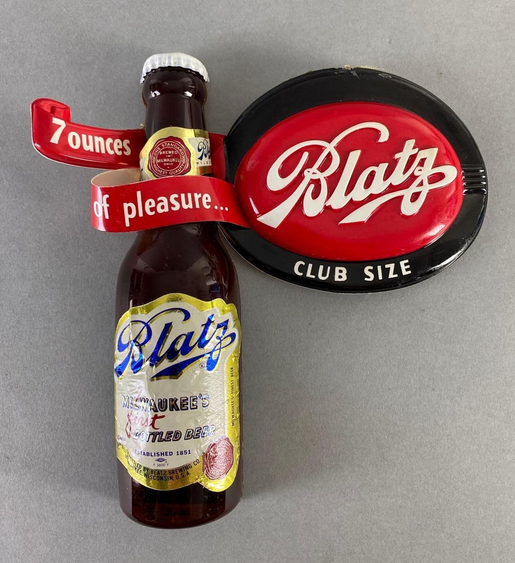 Blatz Club Size Advertising Beer Sign: 7oz of Pleasure, Measures 7 3/4 x 7 1/2 x 1 1/2 inches.