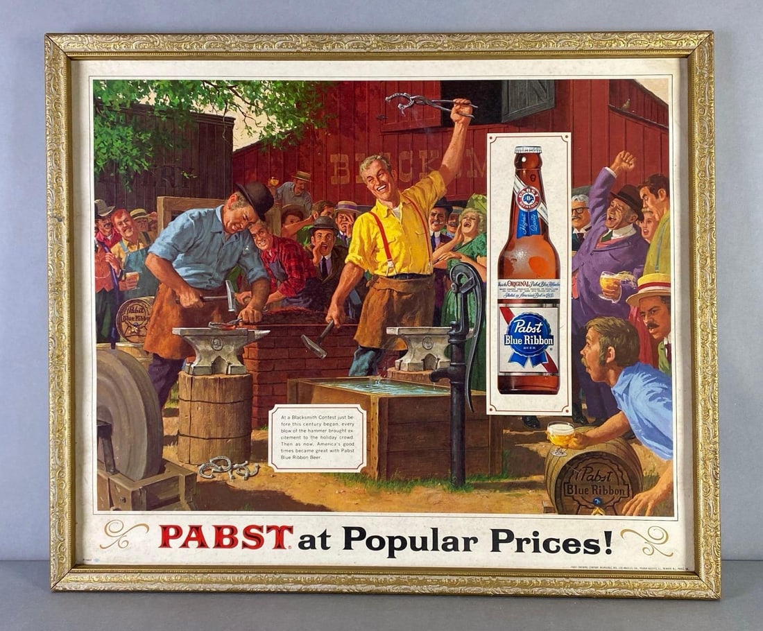 Pabst Blue Ribbon Blacksmith Contest Cardboard Advertising Beer Sign: Frame measures 22 1/2 x 26 1/2 inches, Sign measures 21 x 25 inches.