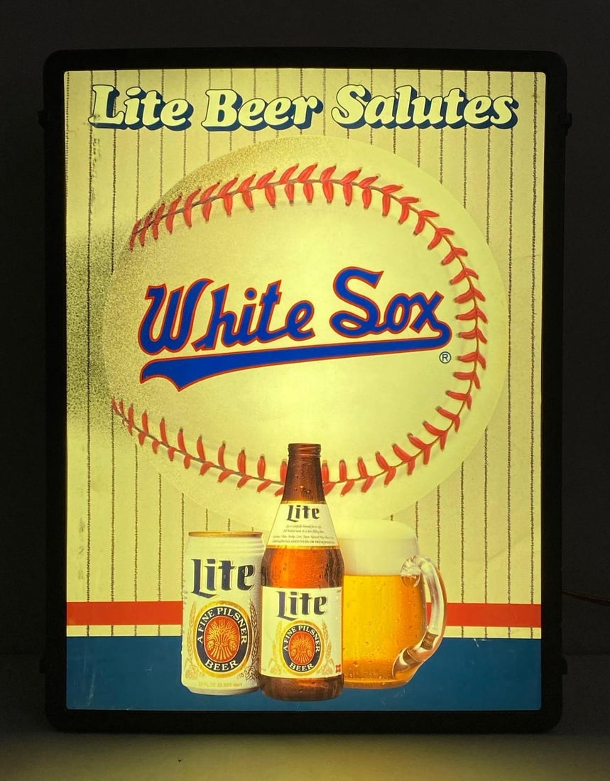Miller Lite Beer Salutes The White Sox Baseball Light Up Advertising Sign: In working condition, Measures 20 x 15 x 14 inches.