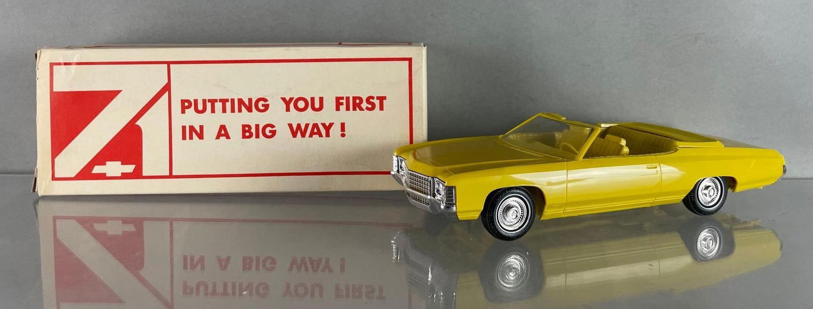 1971 Chevy Impala Convertible Sunflower Yellow Dealership Promo Car: 1/25 scale coaster, original box, yellow interior