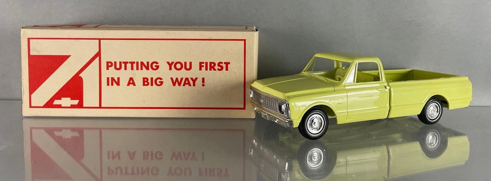 1971 Chevy Fleetside Pickup Yellow Dealership Promo Truck: 1/25 scale coaster, original box, yellow interior