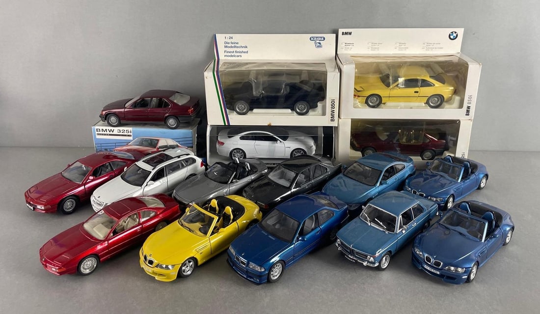 Group of BMW Die-Cast Cars: 1/24 scale, includes Burago, wells, Schuco, and more