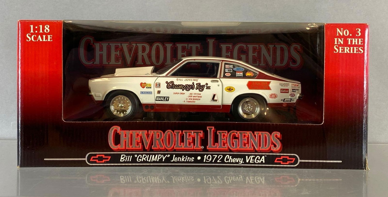 RC2 Chevrolet Legends Grumpys Toy 1972 Chevy Vega: 1/18 scale, Die-Cast, Bill Jenkins, No. 3 in series. ERTL Collectibles.