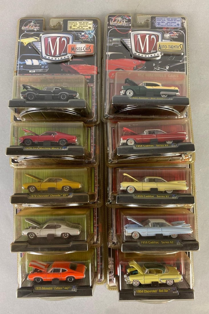 Group of 10 Castline M2 Machines Die-Cast Cars: Like new in packaging, includes 1955 Pontiac Star Chief, 1970 ford mustang Mach 1, 1959 Cadillac series 62 and more