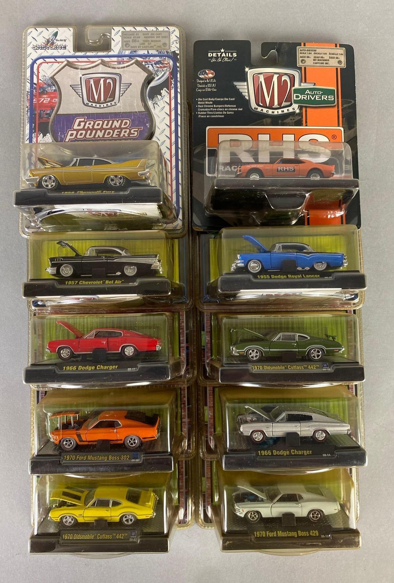 Group of 10 Castline M2 Machines Die-Cast Cars: Like new in packaging, includes 1958 Plymouth fury, 1957 Chevrolet bel air, 1966 dodge charger and more