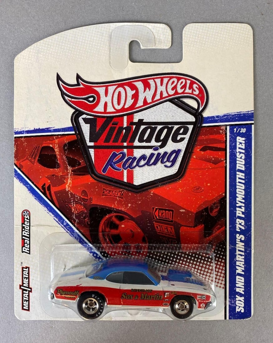 Mattel Hot Wheels Sox and Martins 1973 Plymouth Duster: Die-Cast, real riders, vintage racing, like new in packaging