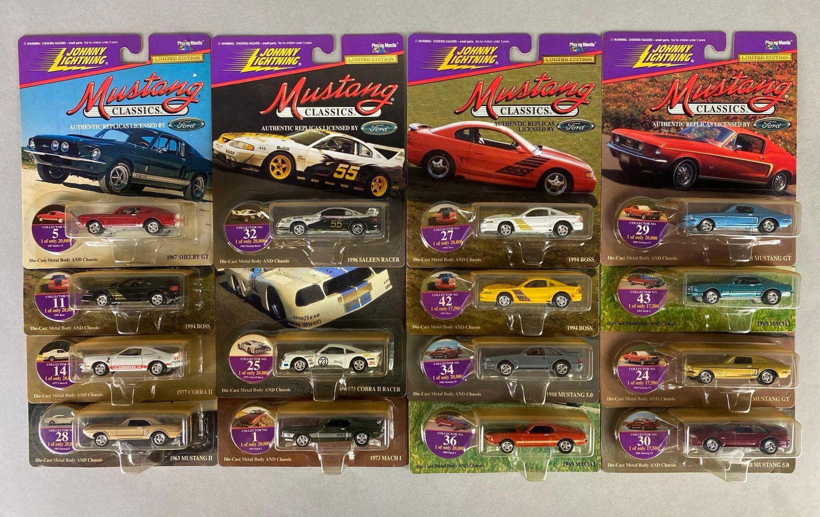 Group of Playing Mantis Johnny Lightning Die-Cast Ford Cars: Like new in packaging, includes 1967 Shelby GT, 1996 Salween racer, 1994 boss and more