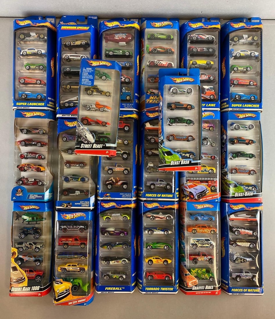 Group of 20 Mattel Gift Packs Die-Cast Cars: Like new in original packaging. Includes Tornado Twister, Desert Race 1000, SuperLauncher and more.