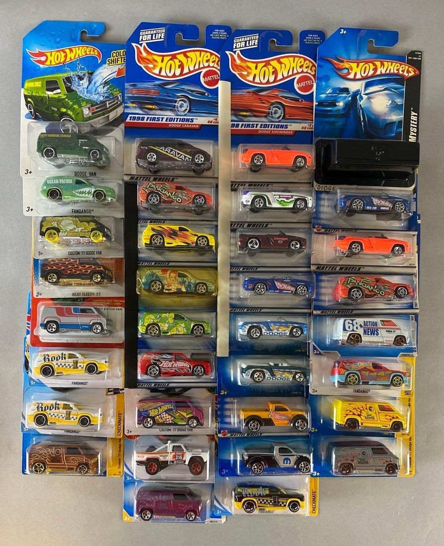 Group of 30+ Mattel Hot Wheels Die-Cast Dodge Cars: Like new in original packaging, includes Dandango, 1977 dodge Van, sidewinder, M-80 and more