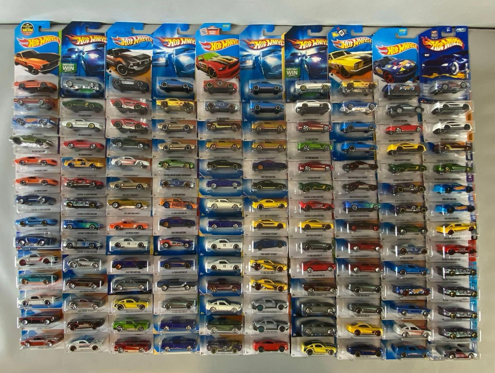 Group of 130+ Mattel Hot Wheels Die-Cast Ford Mustang Cars: Like new in original packaging, includes Ford Shelby GT350R, 07 Ford Mustang and More
