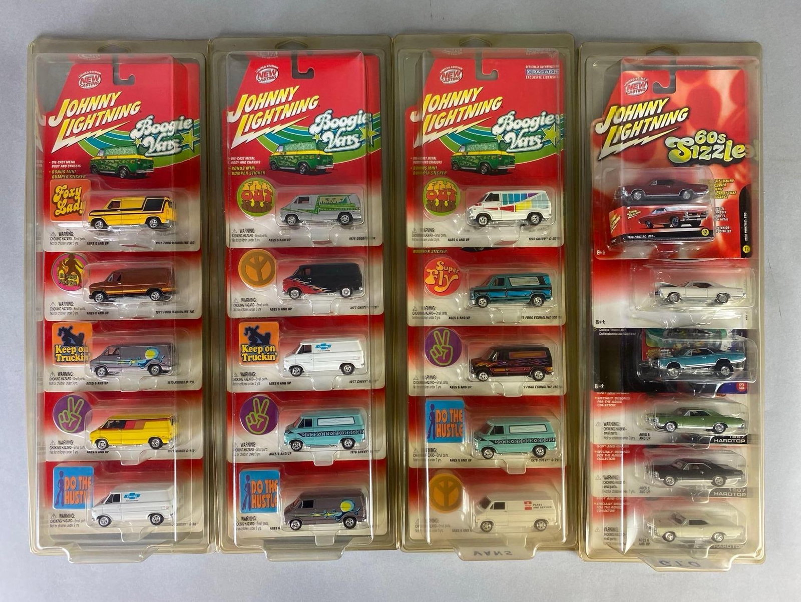 Group of 20+ Playing Mantis Johnny Lightning Die-Cast Cars: Like new in original packaging, includes boogie vans and 60s Sizzle vehicles