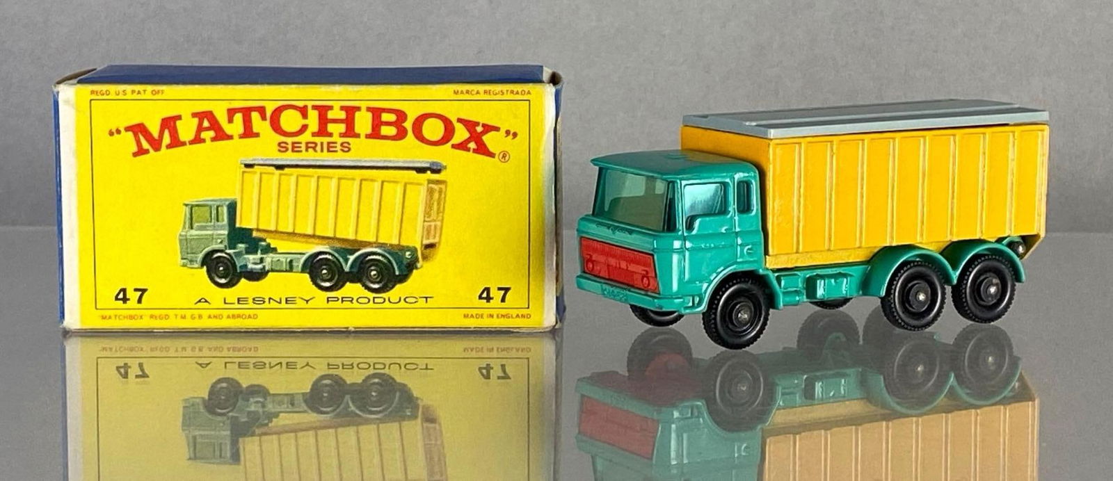 Matchbox No. 47 D.A.F. Tipper Container Truck: With box, A Lesney Product, Made in England, Color: Green, Yellow, and Grey, Black Plastic Wheels, Die-Cast.