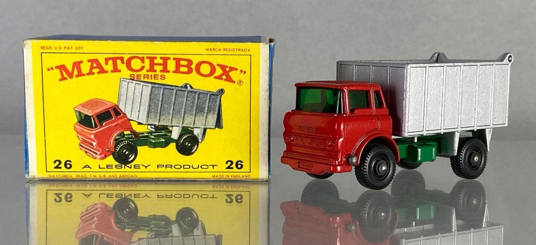 Matchbox No. 26 G.M.C. Tipper Truck: With box, A Lesney Product, Made in England, Color: Red and Grey, Windows: Green, Green Base, Black Plastic Wheels, Die-Cast.