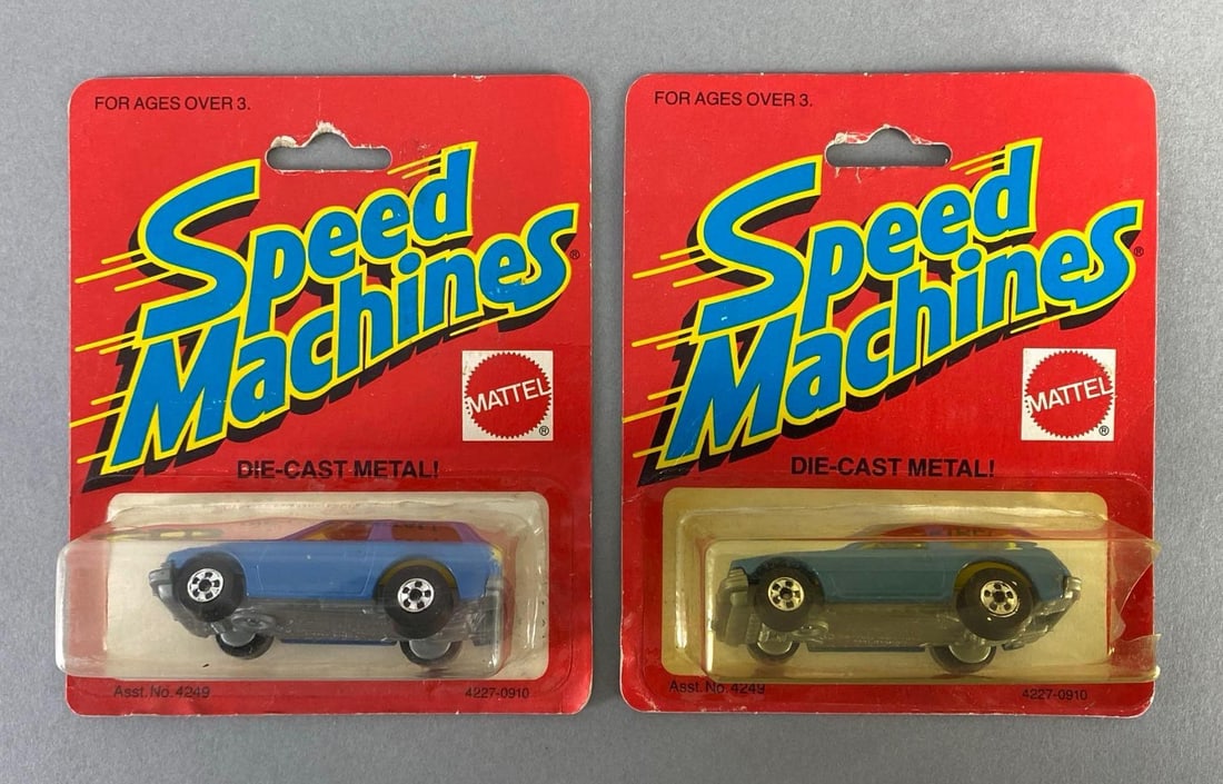 Group of 2 Mattel Speed Machines No. 4249 Packin Pacer: 1/64 scale, 1982, Die-Cast, One with large hole in side of plastic, Packaging measures 5 1/4 x 4 1/4 x 1 1/2 inches.