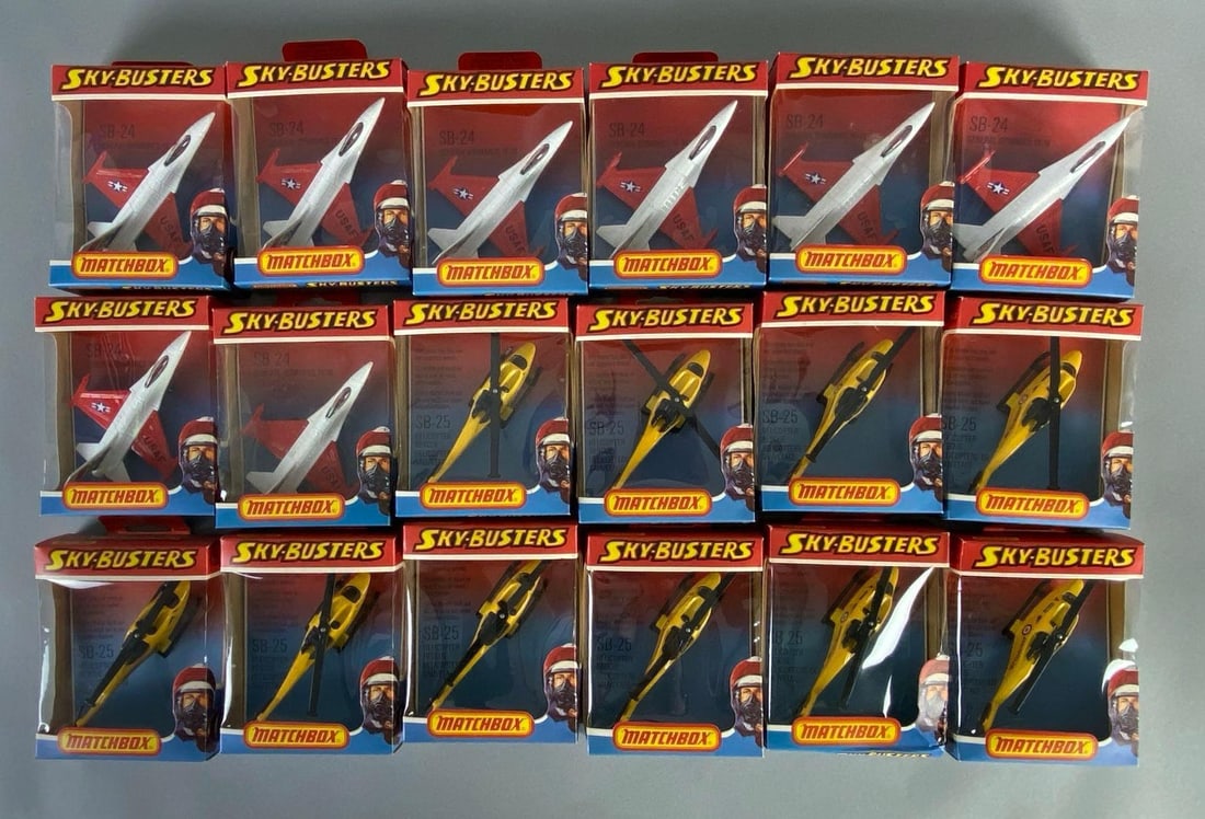 Group of 18 Matchbox Sky-Busters Die-Cast Vehicles: 1978, Includes No. SB-24 General Dynamics YF-16, and No. SB-25 Helicopter Rescue, Boxes measure 5 x 4 x 1 1/2 inches.