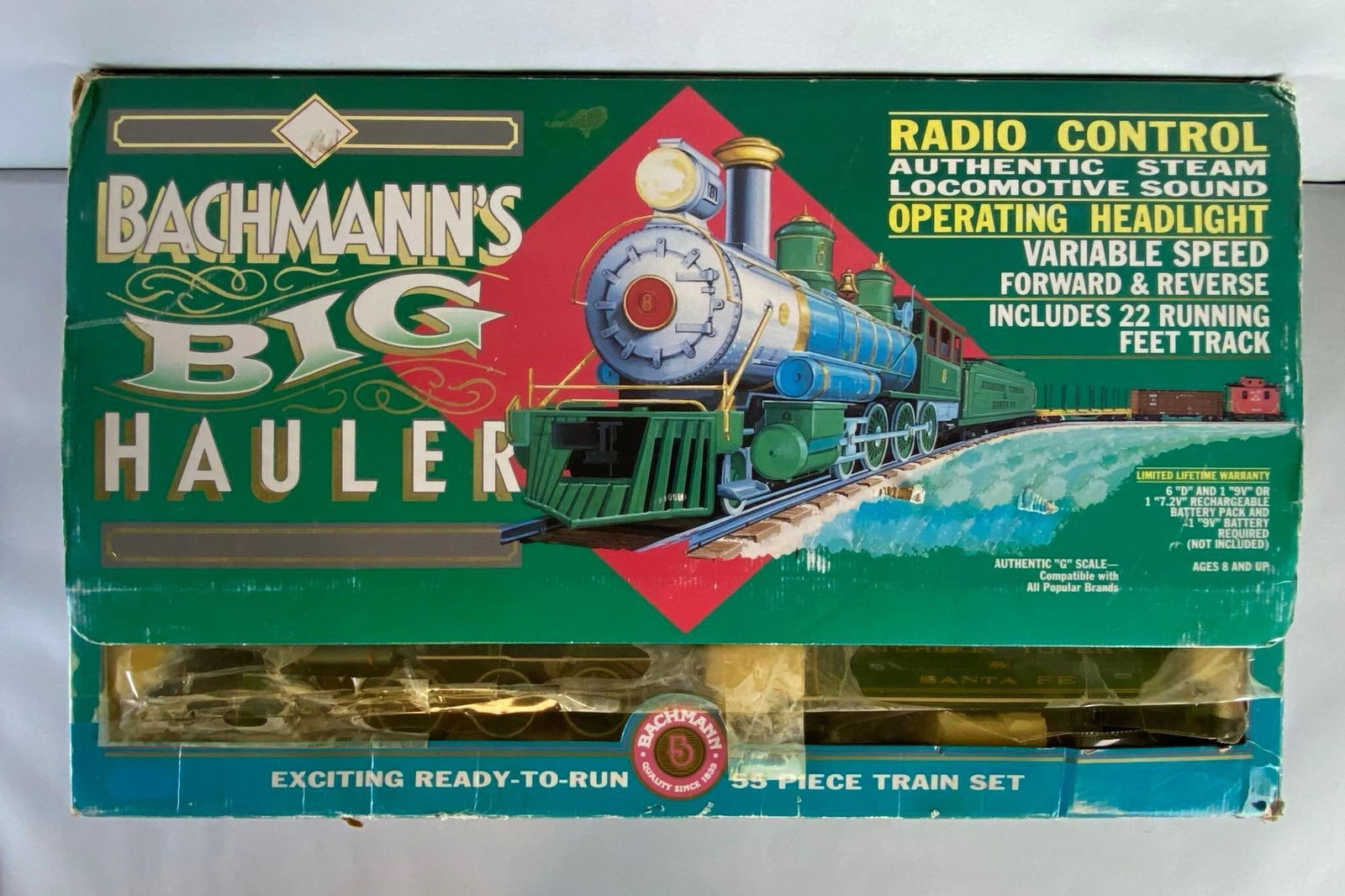 Bachmanns Big Hauler G Scale Train Set: In original box, set seems complete, cuts and missing sections throughout exterior of box, measures 32 x 19 1/2 x 7 inches